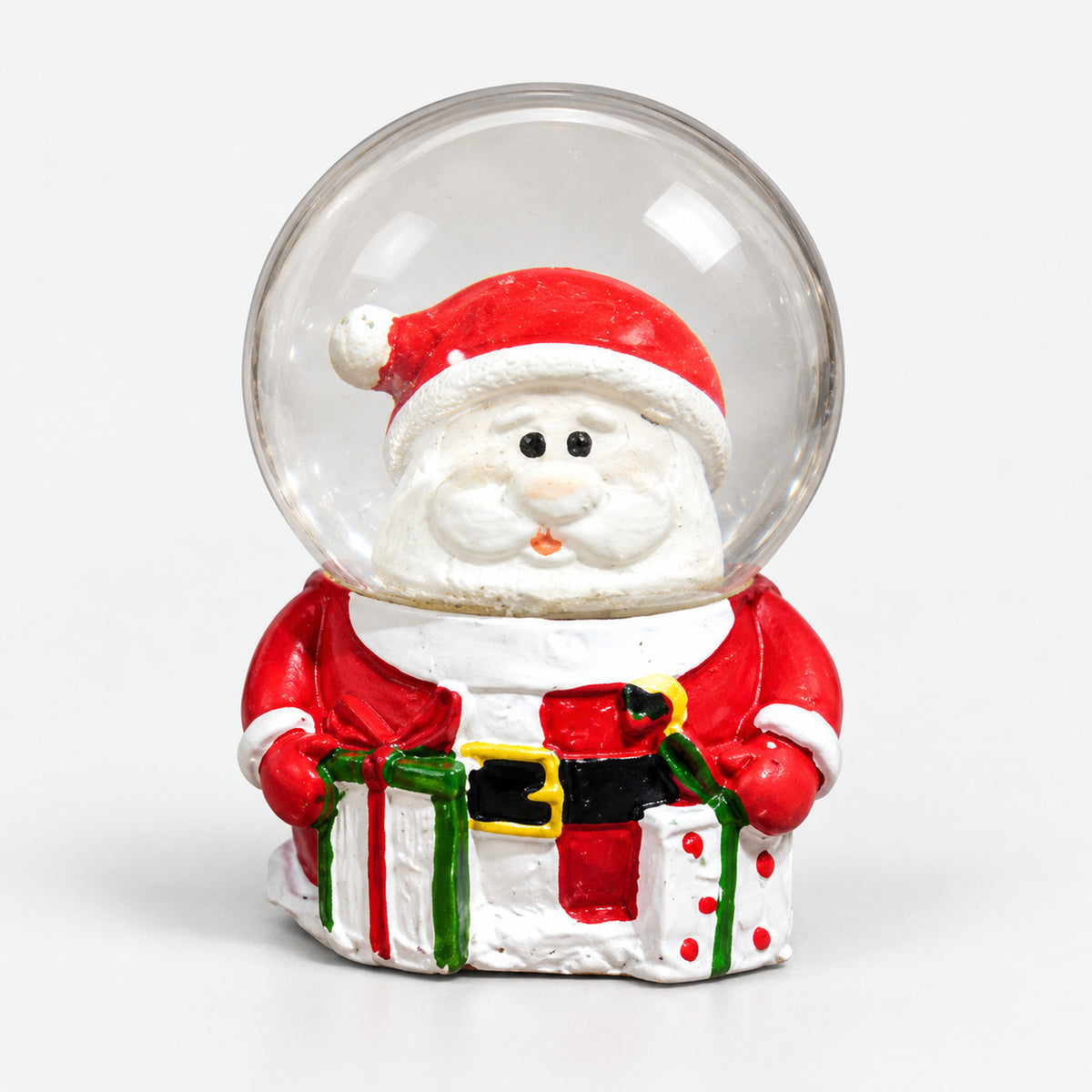 Santa Christmas snow globe holding red and green gifts