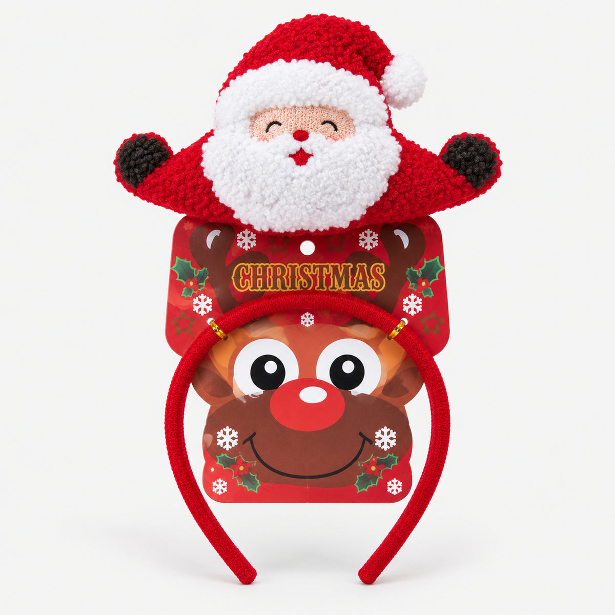 Red Christmas headband with a fluffy Santa on its Christmas card