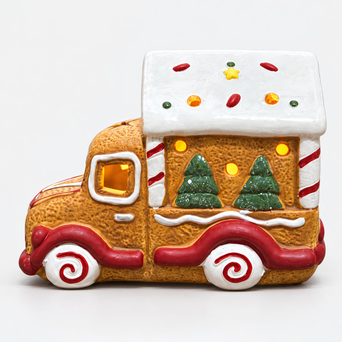 Gingerbread truck Christmas decoration with a white icing roof and swirl wheels