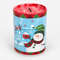 Blue Christmas money saving tin with a snowman and Joy to the World