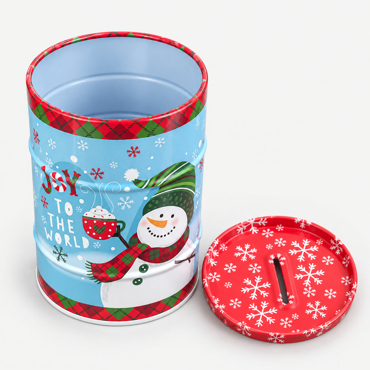 Snowman Christmas money tin open, with its money slot lid off