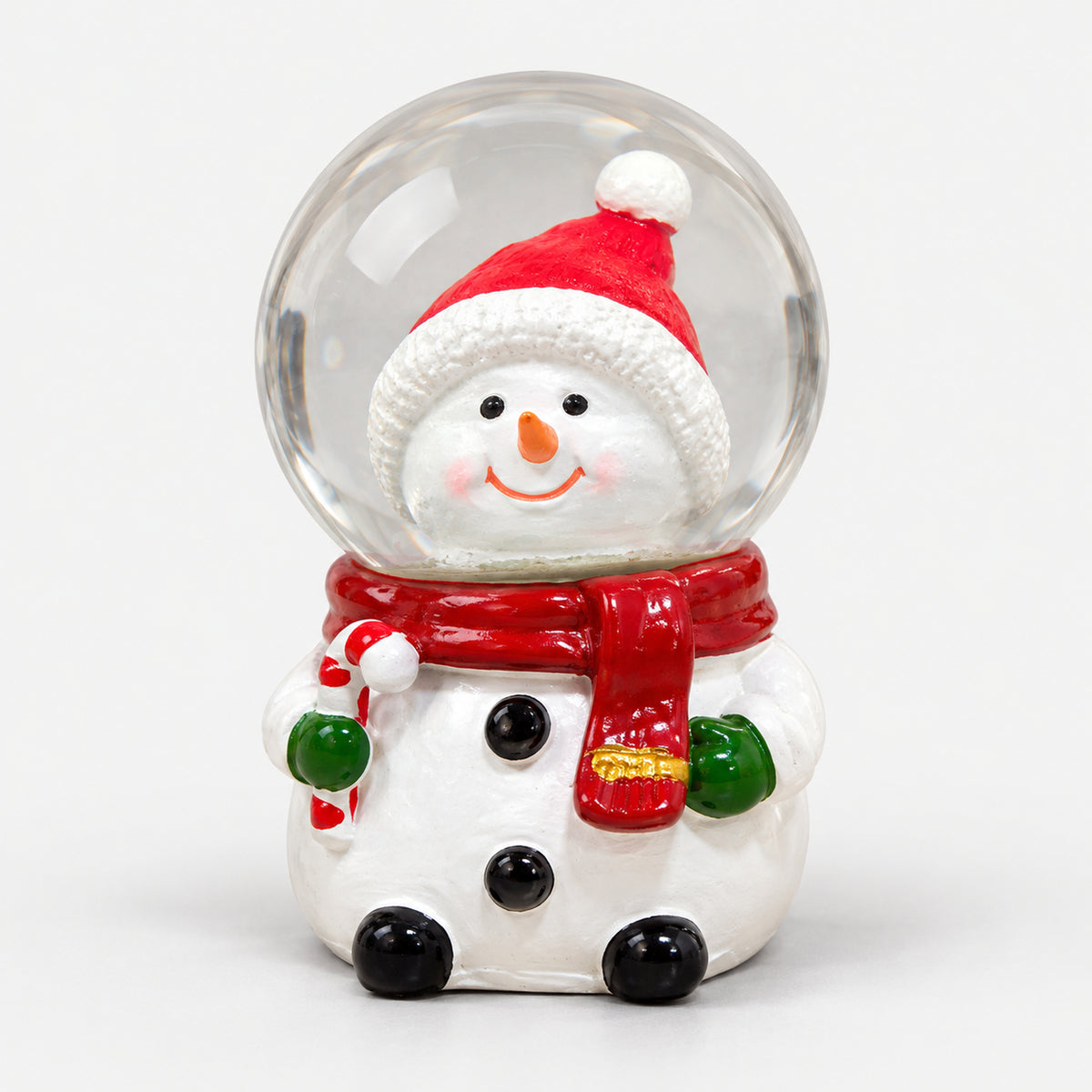 Snowman Christmas snow globe with a Santa hat, red scarf and candy cane
