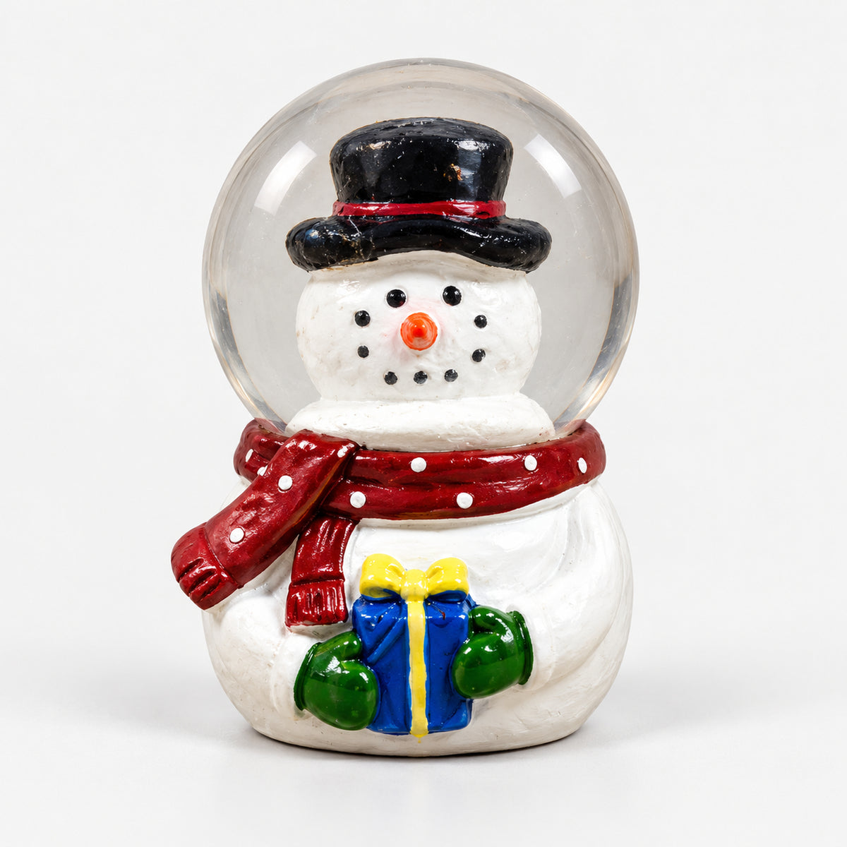 Snowman Christmas snow globe with a black top hat and a blue gift