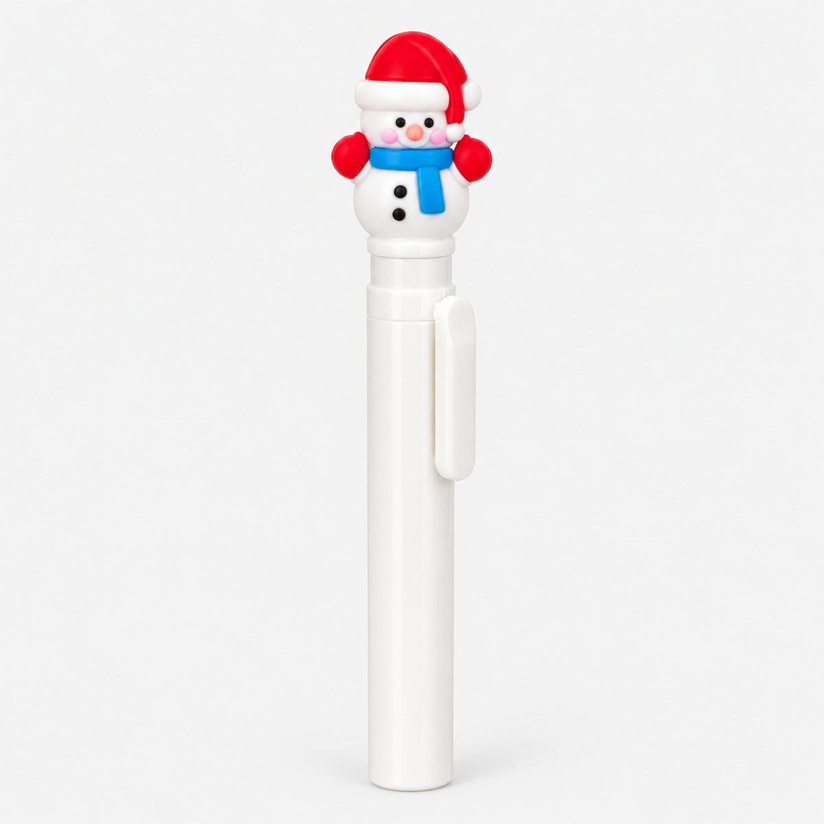 White Christmas blue pen with 3D snowman in a Santa hat and blue scarf