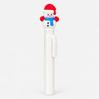 White Christmas blue pen with 3D snowman in a Santa hat and blue scarf