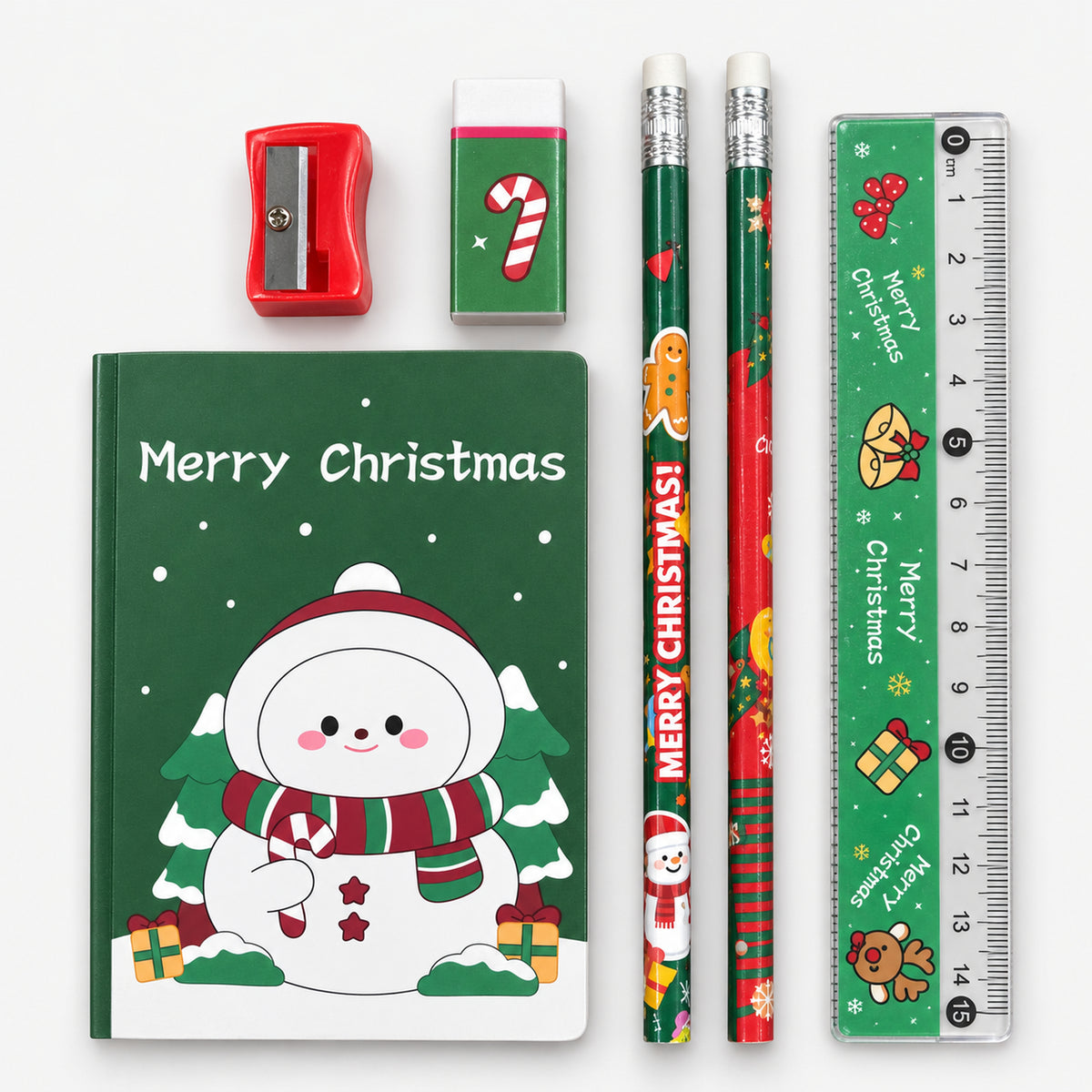 Snowman Christmas stationery set: notebook, 2 pencils, ruler, eraser and sharpener