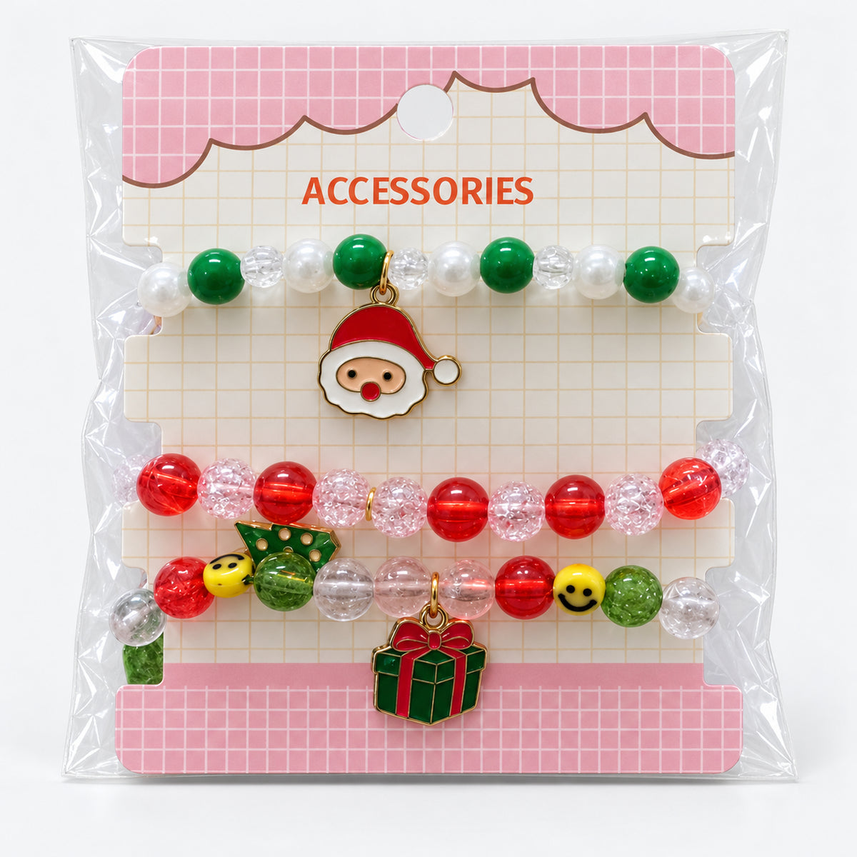 Christmas beaded bracelet set on its pink display card