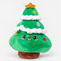 Smiling Christmas tree plushie with a gold star and white garland