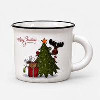 White Christmas mug with black trim, tree and reindeer design