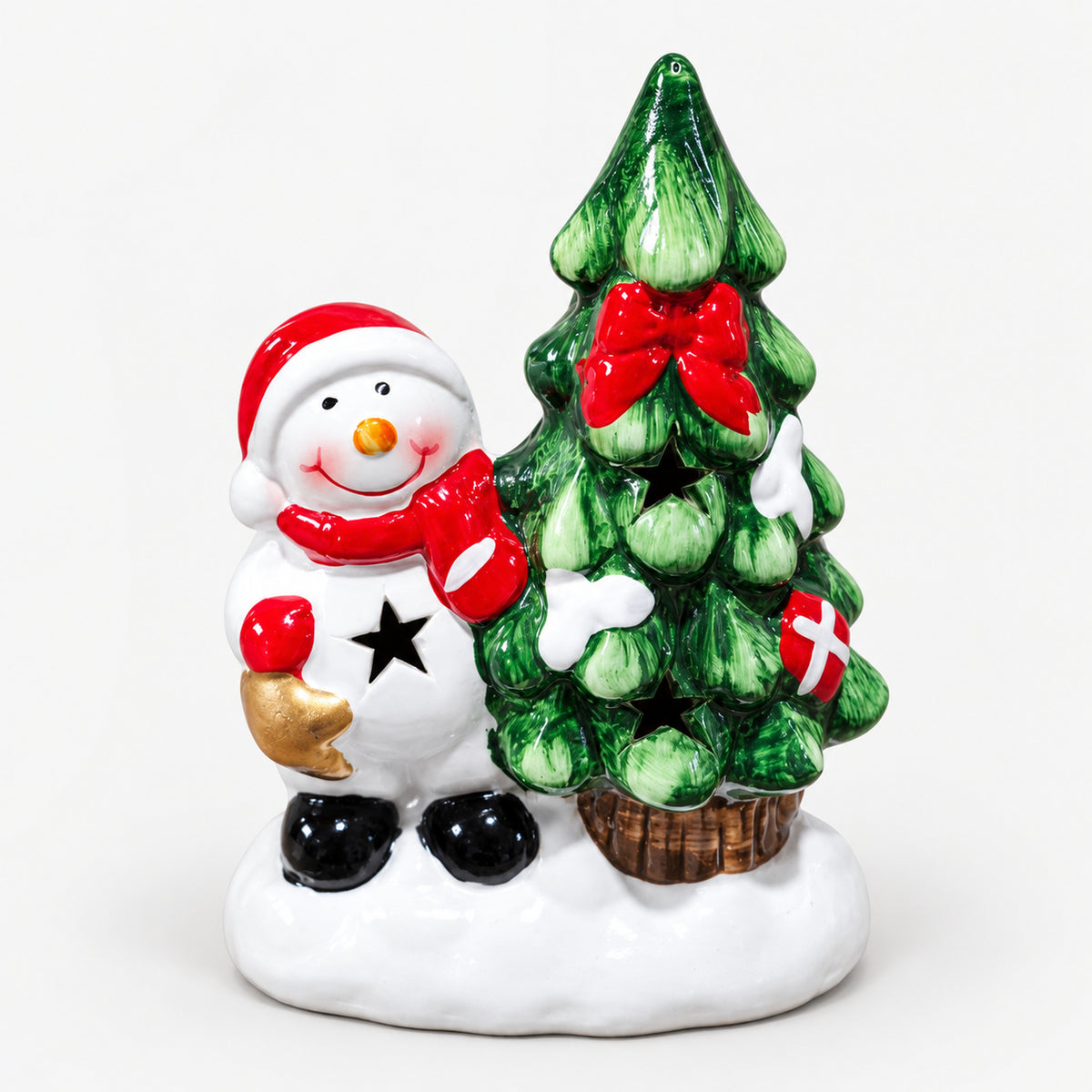 Snowman in a red hat next to a Christmas tree with a red bow, LED decoration unlit
