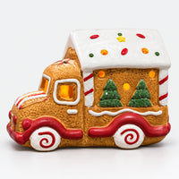 Gingerbread truck Christmas decoration, angled view with candy cane details