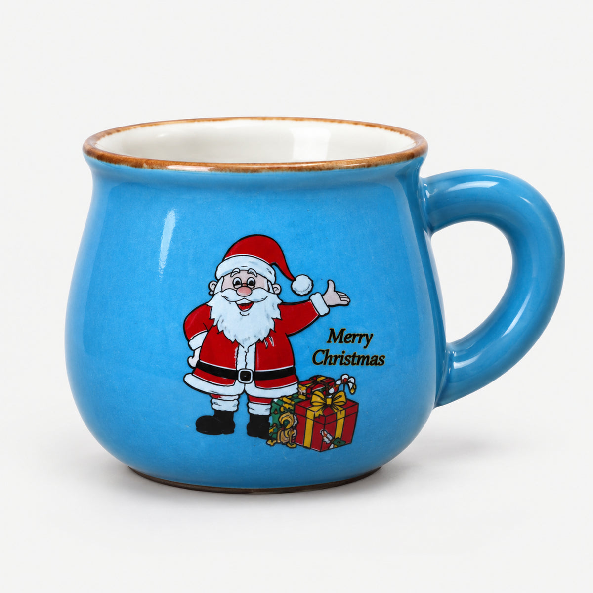 Blue rounded Christmas mug with Santa and a pile of gifts
