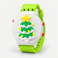 Kids' Christmas tree watch with a lime green strap