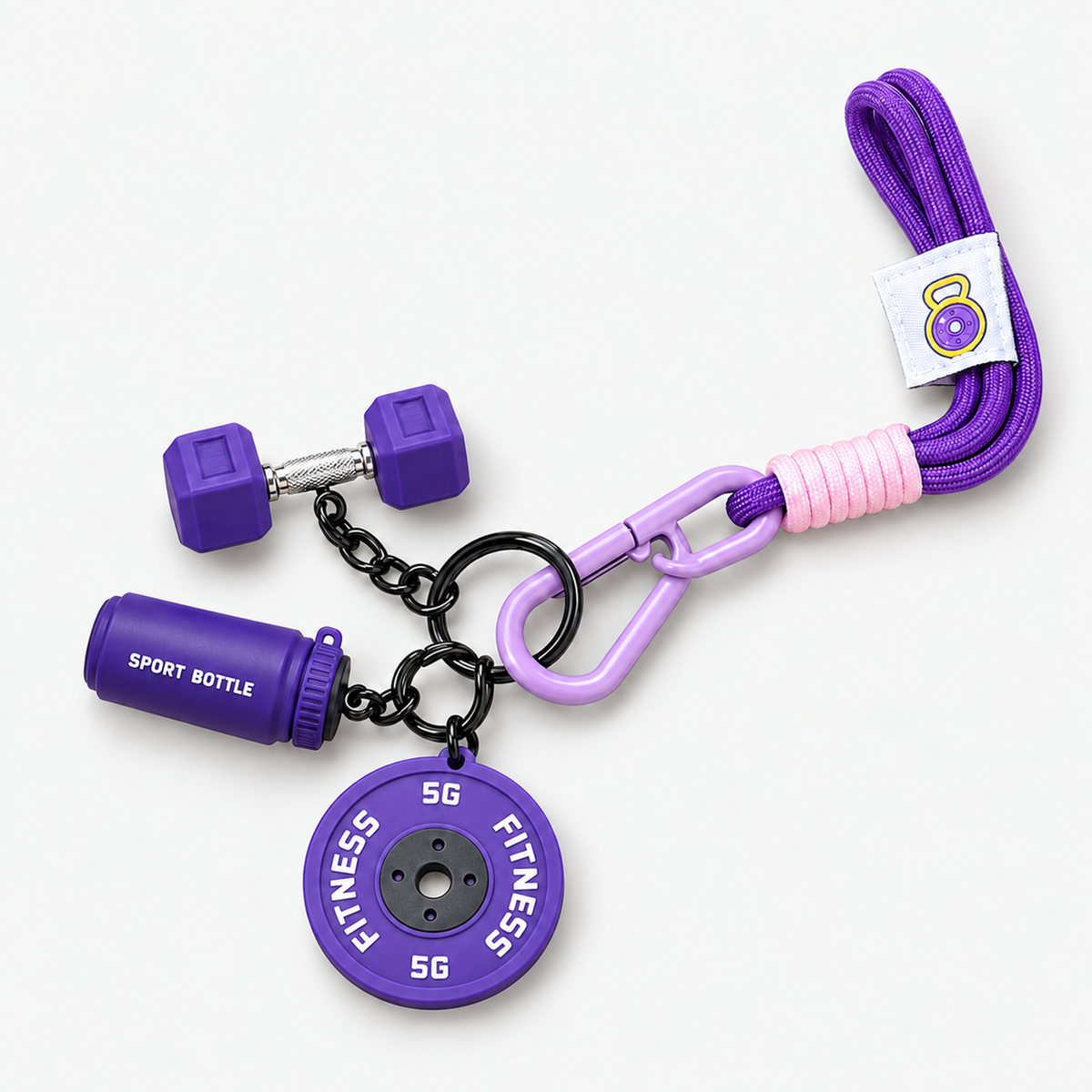 Purple gym fitness keychain with mini dumbbell, weight plate and shaker bottle