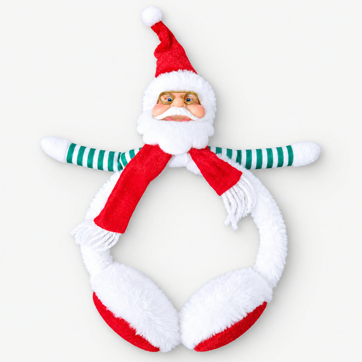 Christmas plush earmuff headband with Santa in glasses and a scarf