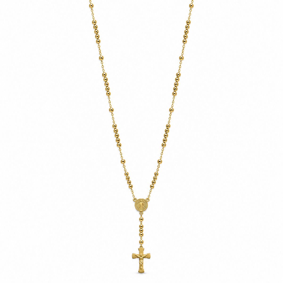 Gold rosary necklace with a round saint medallion and cross