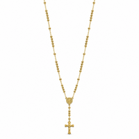 Gold rosary necklace with a round saint medallion and cross