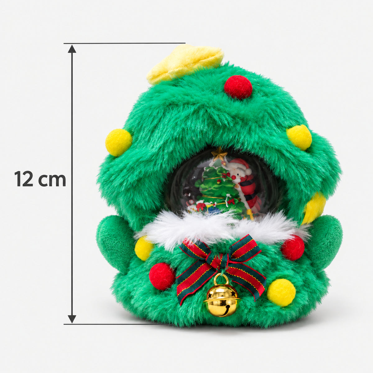 Green tree plush snow globe measurements: 12 cm high