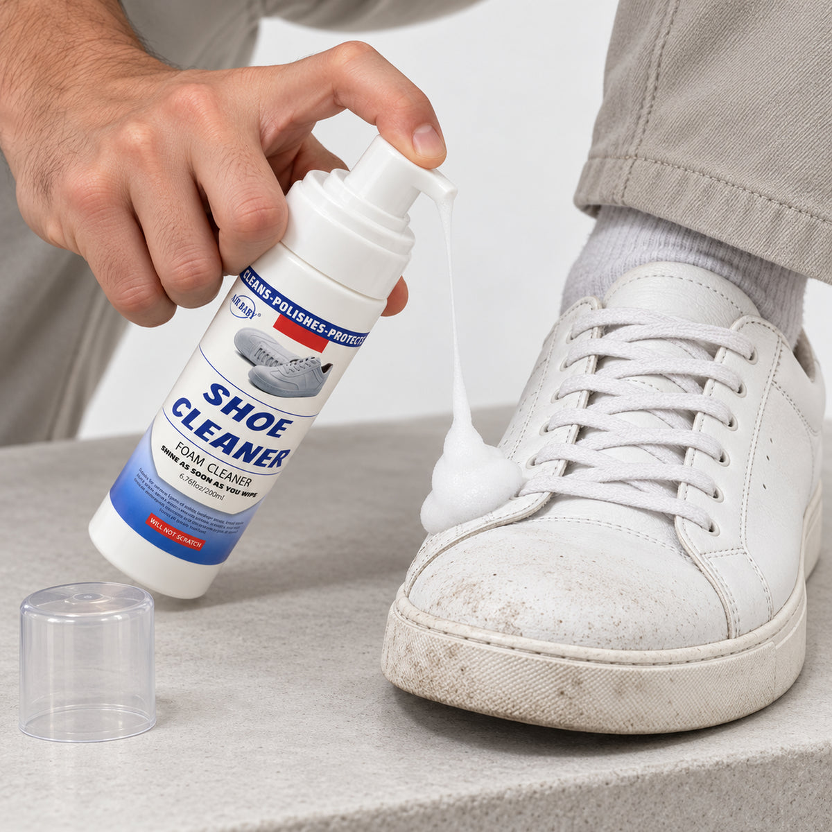 Applying foam shoe cleaner on a dirty white sneaker