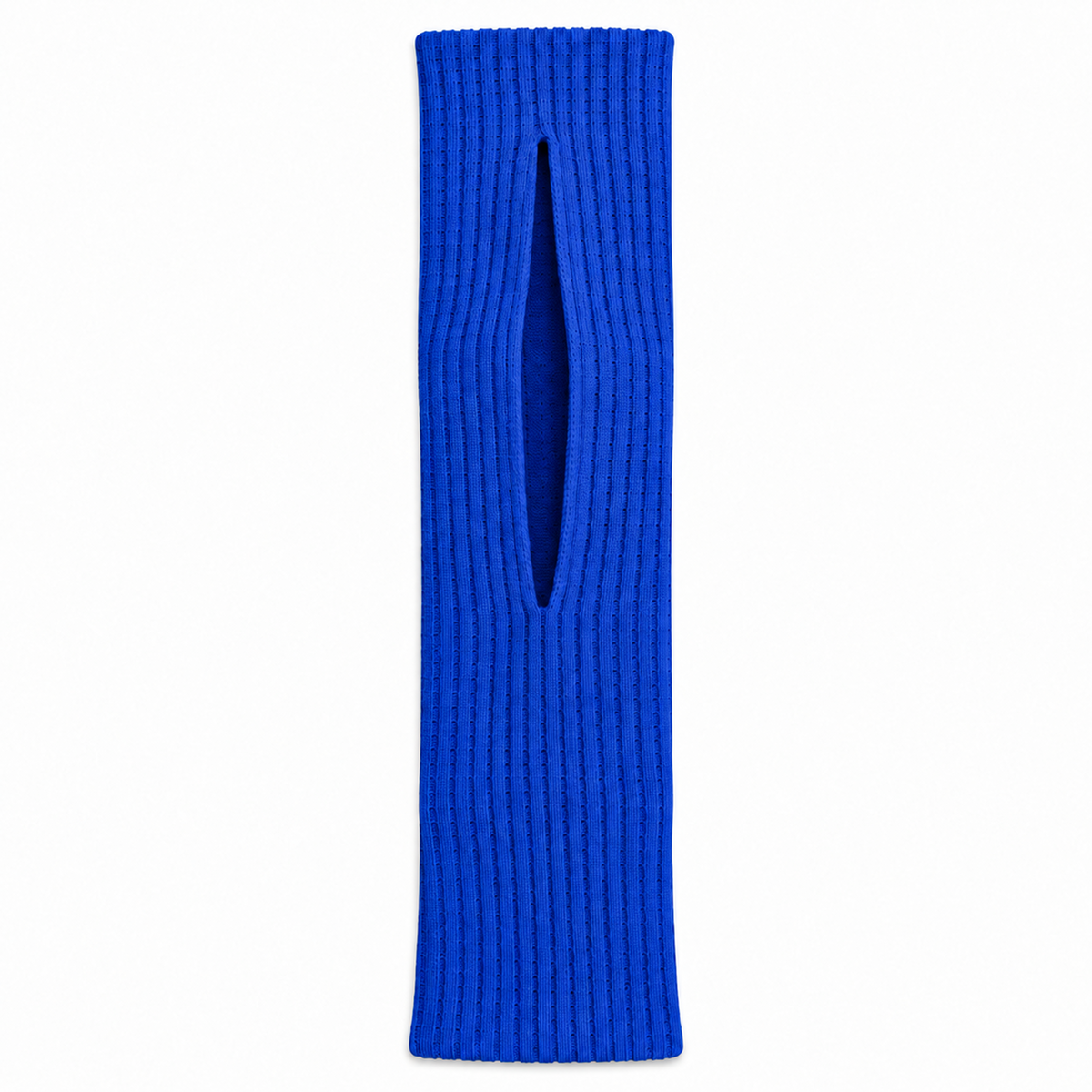 Knitted phone pocket laid flat, showing the quick-access slit
