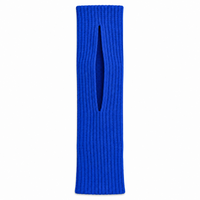 Knitted phone pocket laid flat, showing the quick-access slit