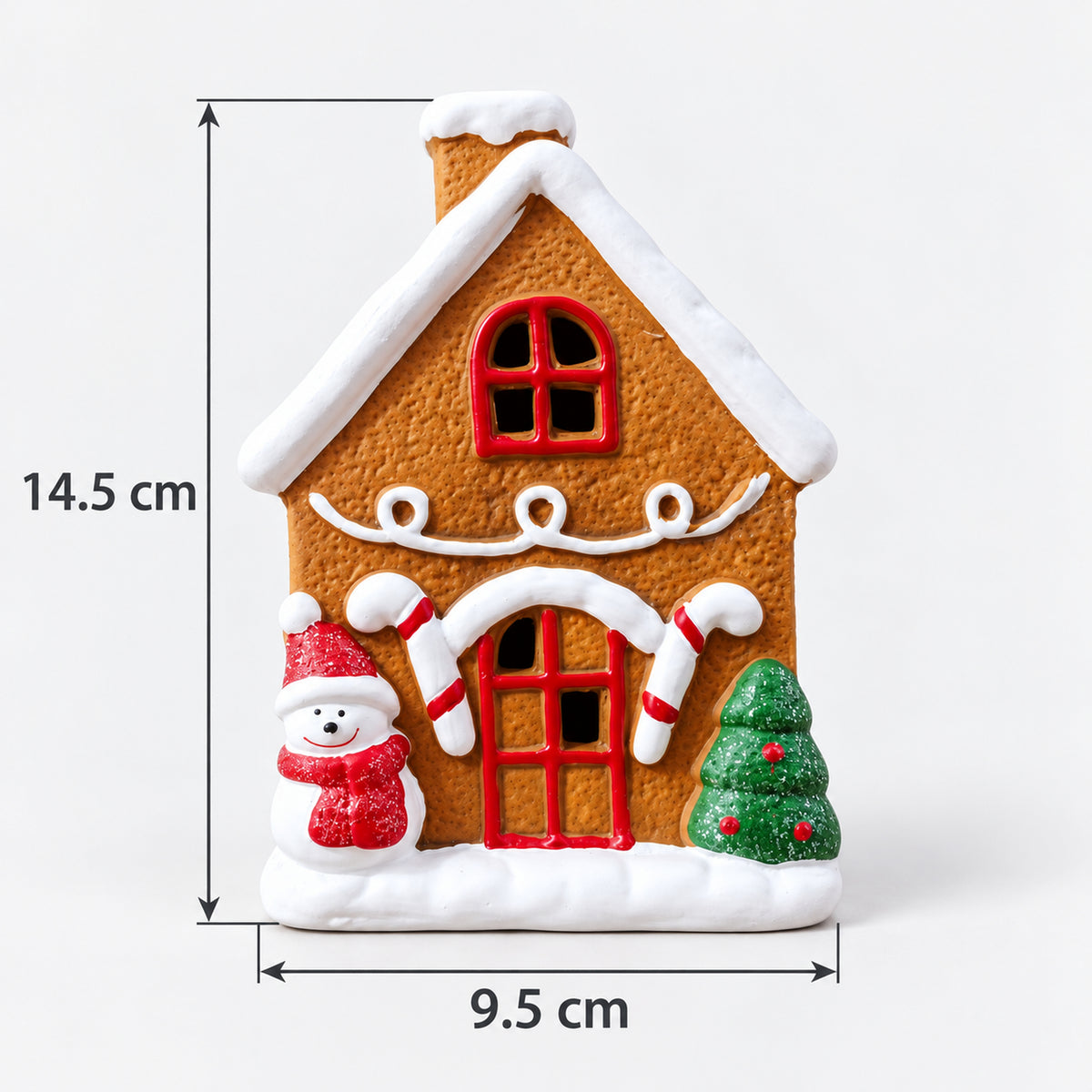 Gingerbread snowman light-up house measurements: 14.5 cm high and 9.5 cm wide