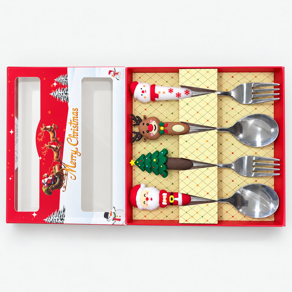 Christmas cutlery set of 2 forks and 2 spoons in an open gift box