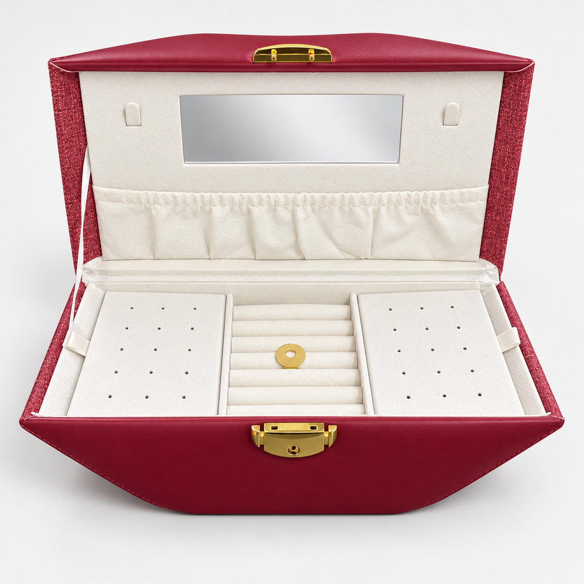 Burgundy kiss jewelry case open with mirror, ring rolls and earring panels