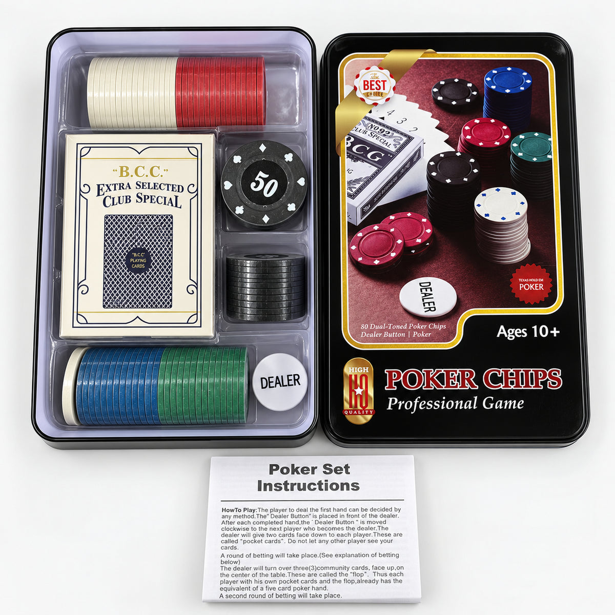 Open poker set tin case with chips, cards and dealer button