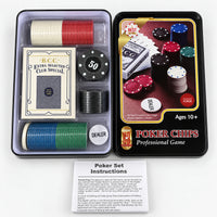 Open poker set tin case with chips, cards and dealer button