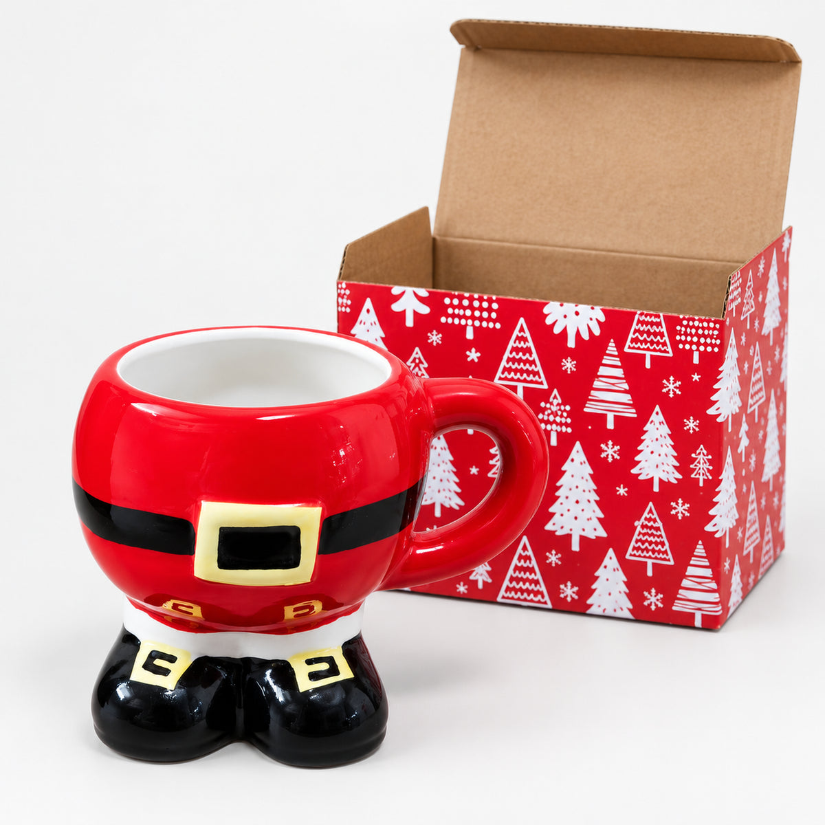 Santa suit boots mug next to its red Christmas tree print box