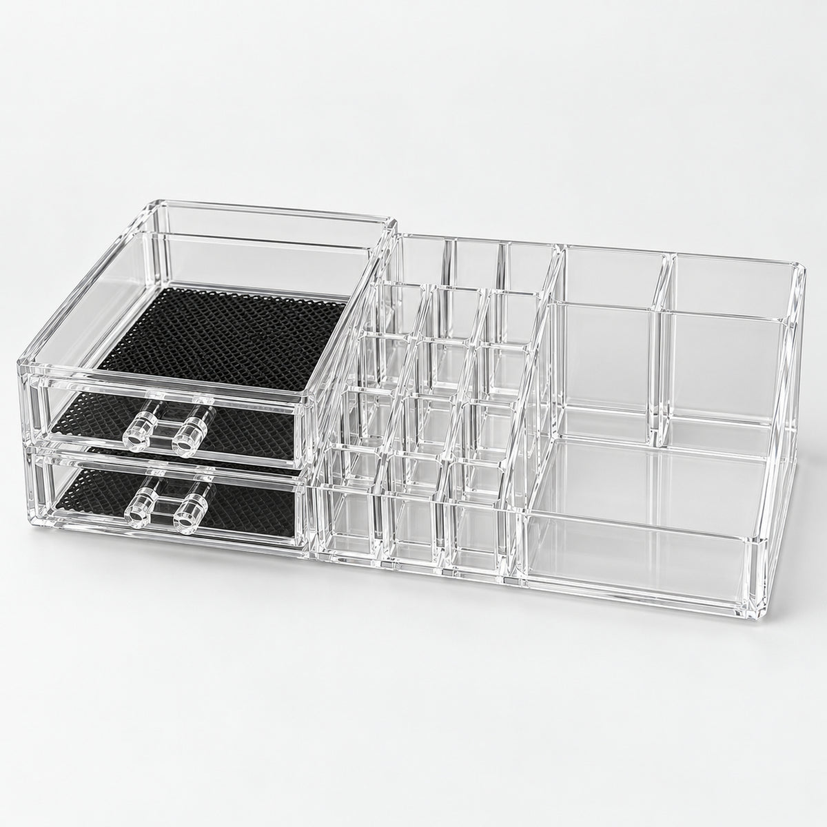 Clear makeup organizer with 2 lined drawers and a lipstick grid