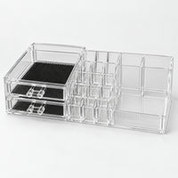Clear makeup organizer with 2 lined drawers and a lipstick grid