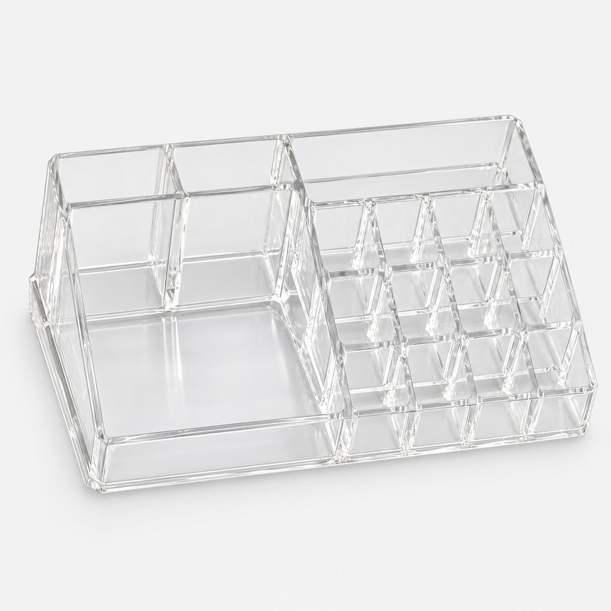 Clear makeup organizer with lipstick slots, tall sections and an open tray