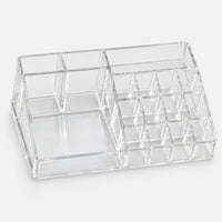 Clear makeup organizer with lipstick slots, tall sections and an open tray