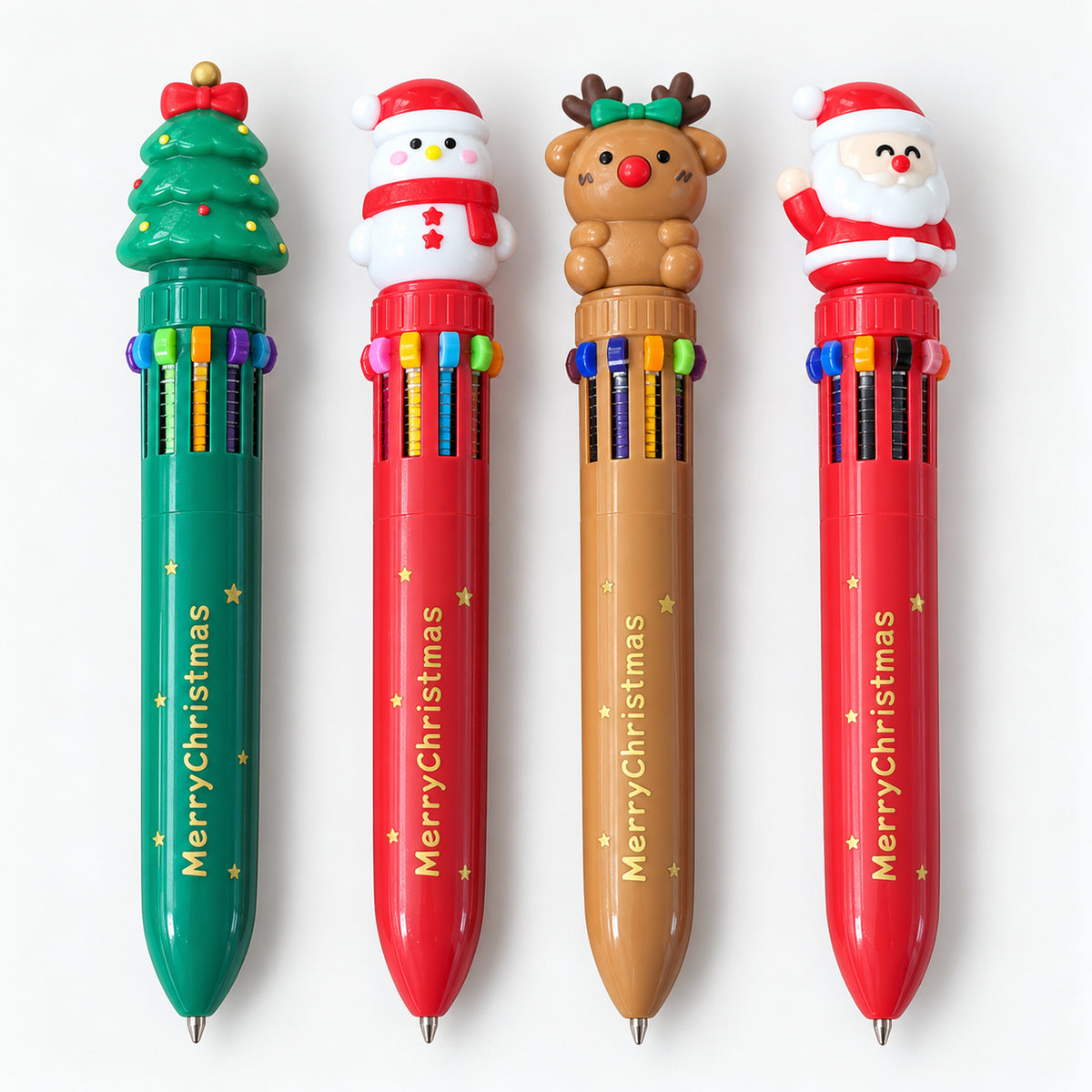 4 Christmas 10-color pens with tree, snowman, reindeer and Santa toppers