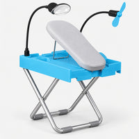 Foldable pedicure foot stand with angled footrest, lighted magnifier and drying fan