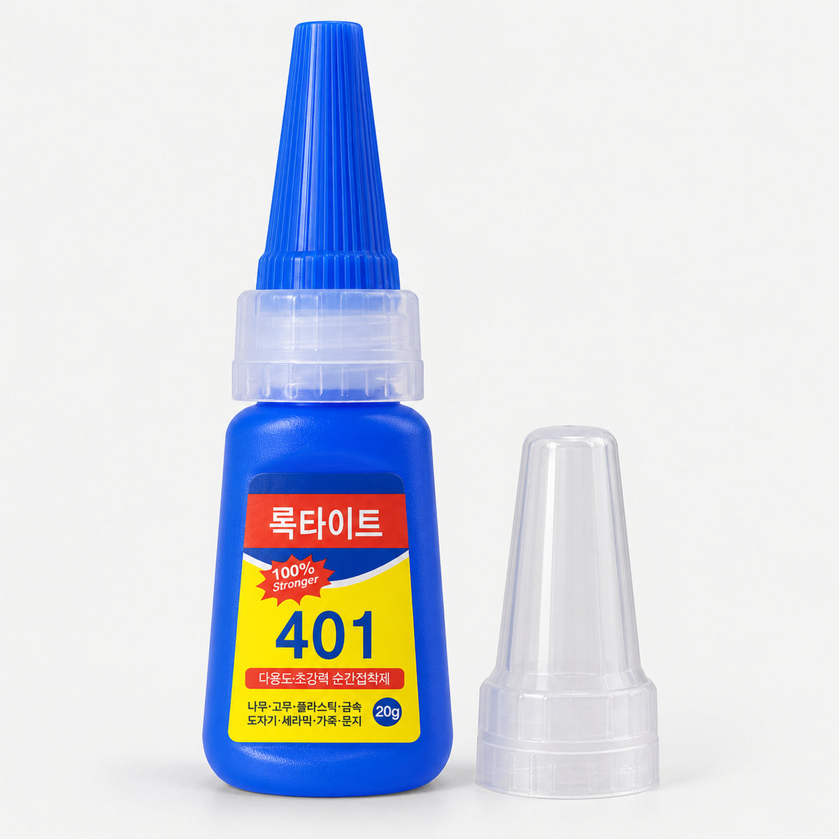 Blue 20g bottle of 401 adhesive nail glue with a pointed tip and clear cap