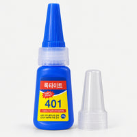 Blue 20g bottle of 401 adhesive nail glue with a pointed tip and clear cap