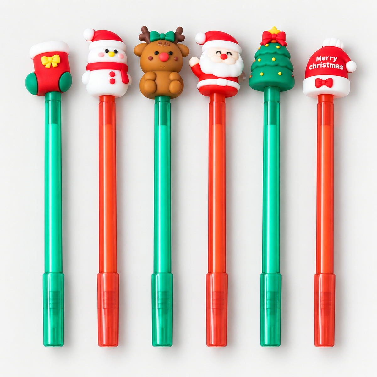 6 Christmas character pens with stocking, snowman, reindeer, Santa, tree and hat toppers