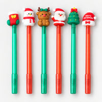 6 Christmas character pens with stocking, snowman, reindeer, Santa, tree and hat toppers