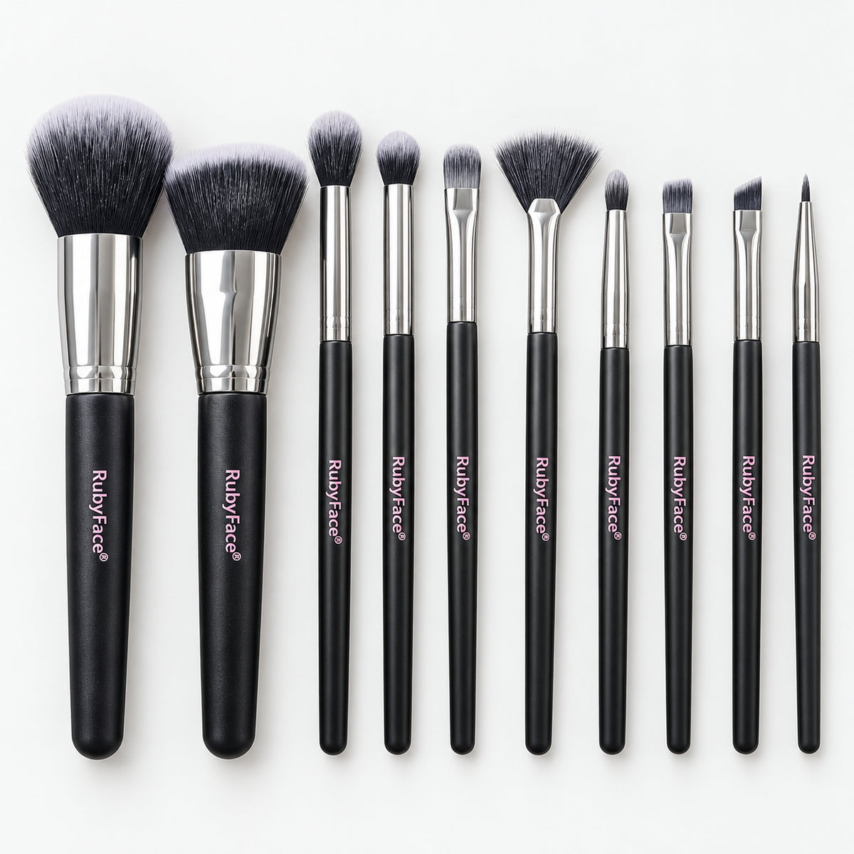 10 black makeup brushes with silver ferrules, from large face brushes to fine eye brushes
