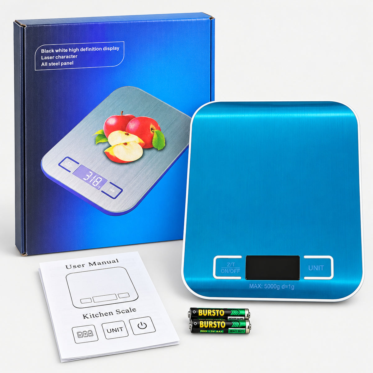 Blue stainless steel kitchen scale with its box and user manual