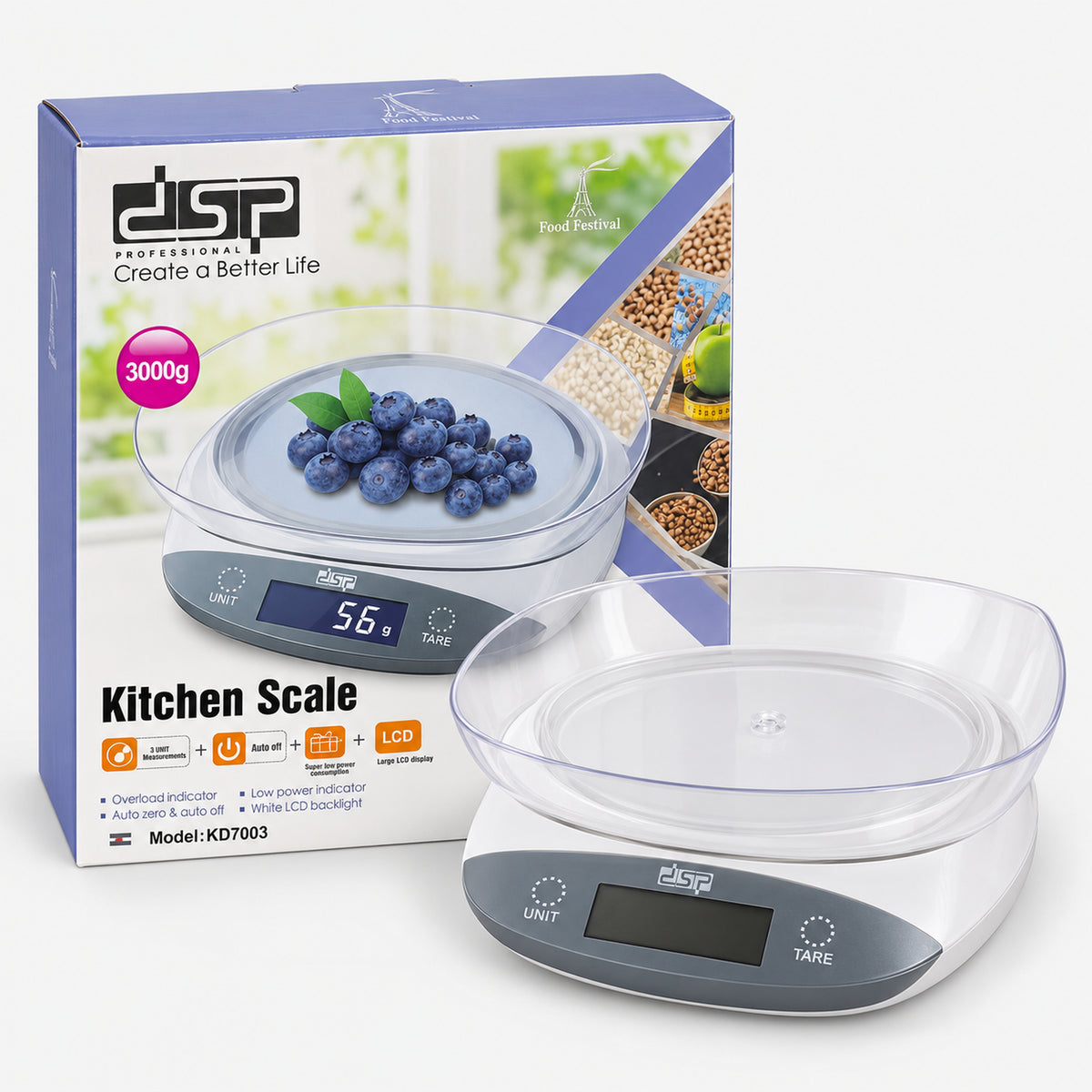 Digital kitchen scale with bowl next to its box