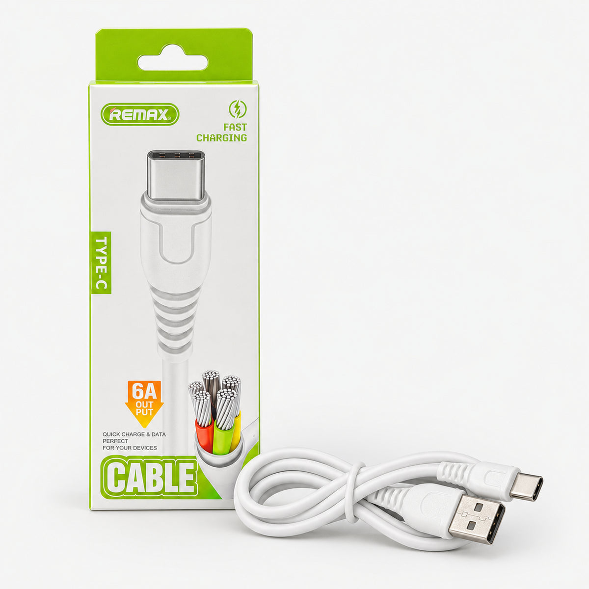 White USB to Type-C fast charging cable with its 6A fast charging box