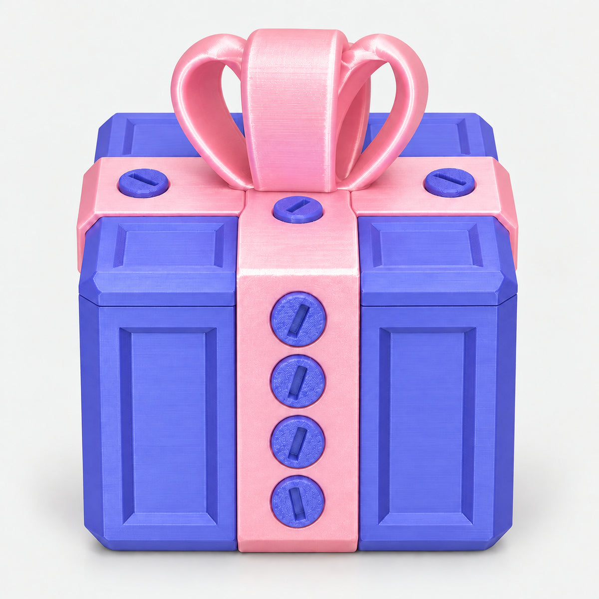 Purple and pink screw puzzle prank gift box with a bow on top
