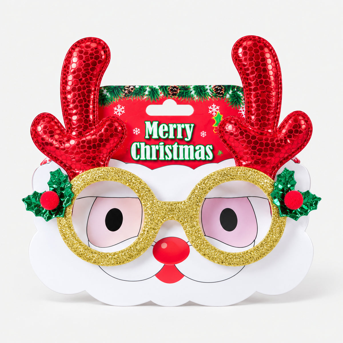 Red reindeer antler Christmas party glasses on their Merry Christmas card