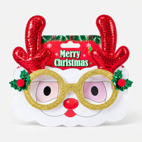 Red reindeer antler Christmas party glasses on their Merry Christmas card