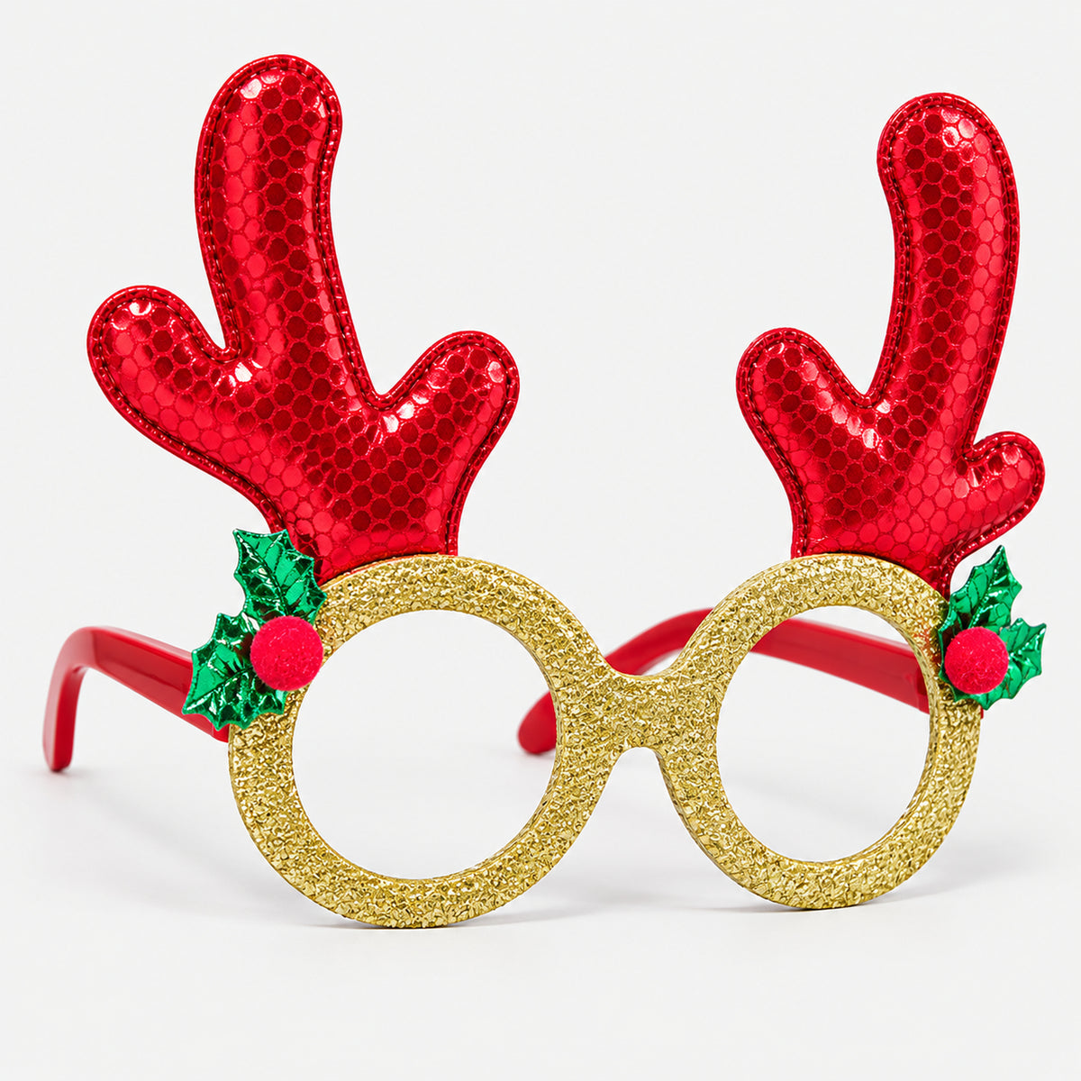 Red reindeer antler party glasses with gold glitter frame and holly
