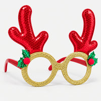 Red reindeer antler party glasses with gold glitter frame and holly